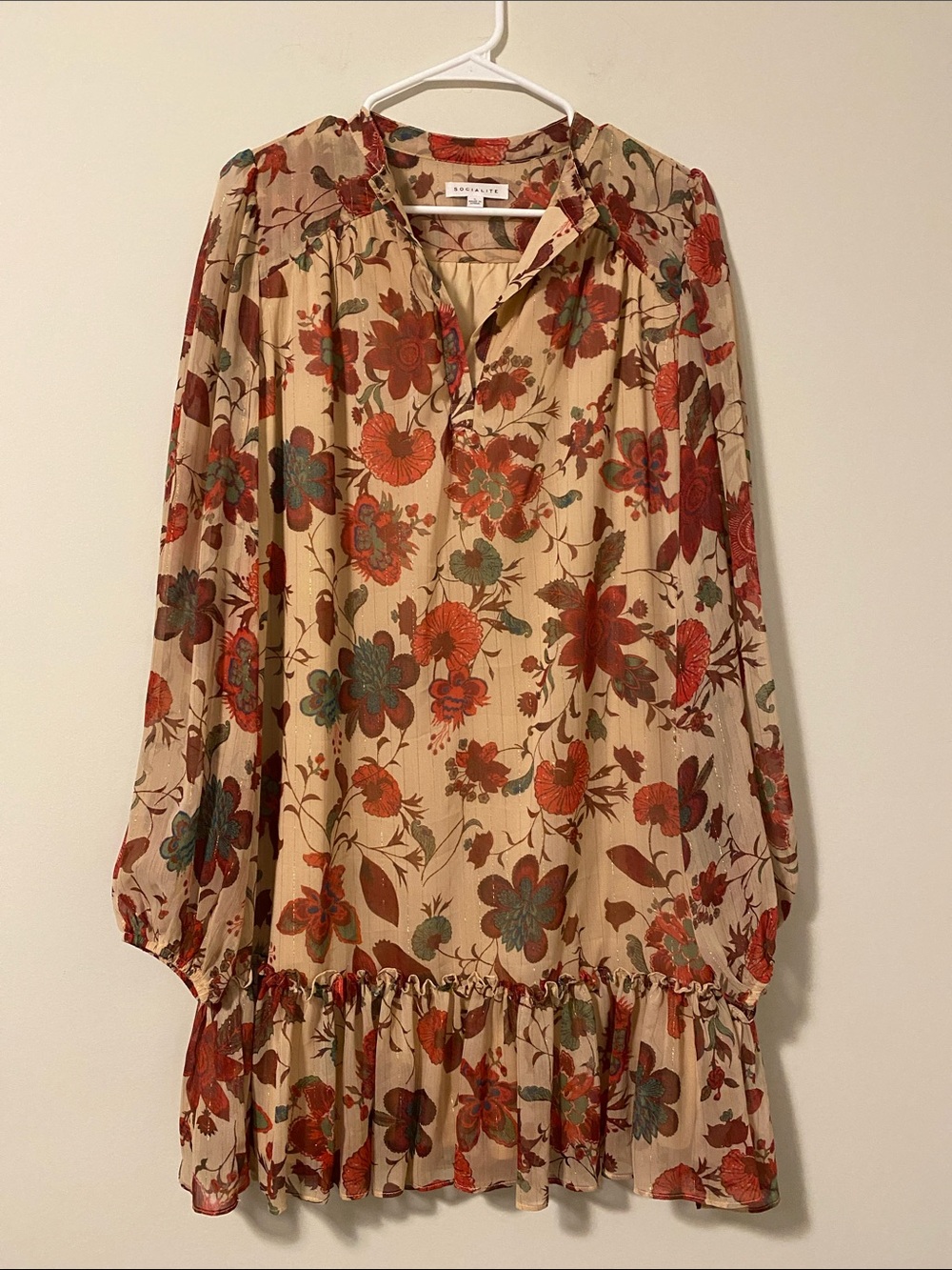 Title: Socialite Boho Floral Metallic Lurex Shift Mini Dress Rust Olive Large.